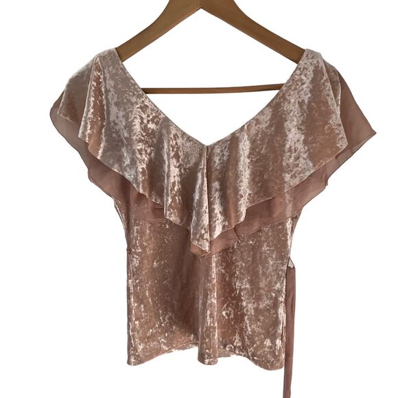 White House Black Market Top Womens Sz XXSP Velvet Flounce Antique Blush w Belt - Picture 3 of 5